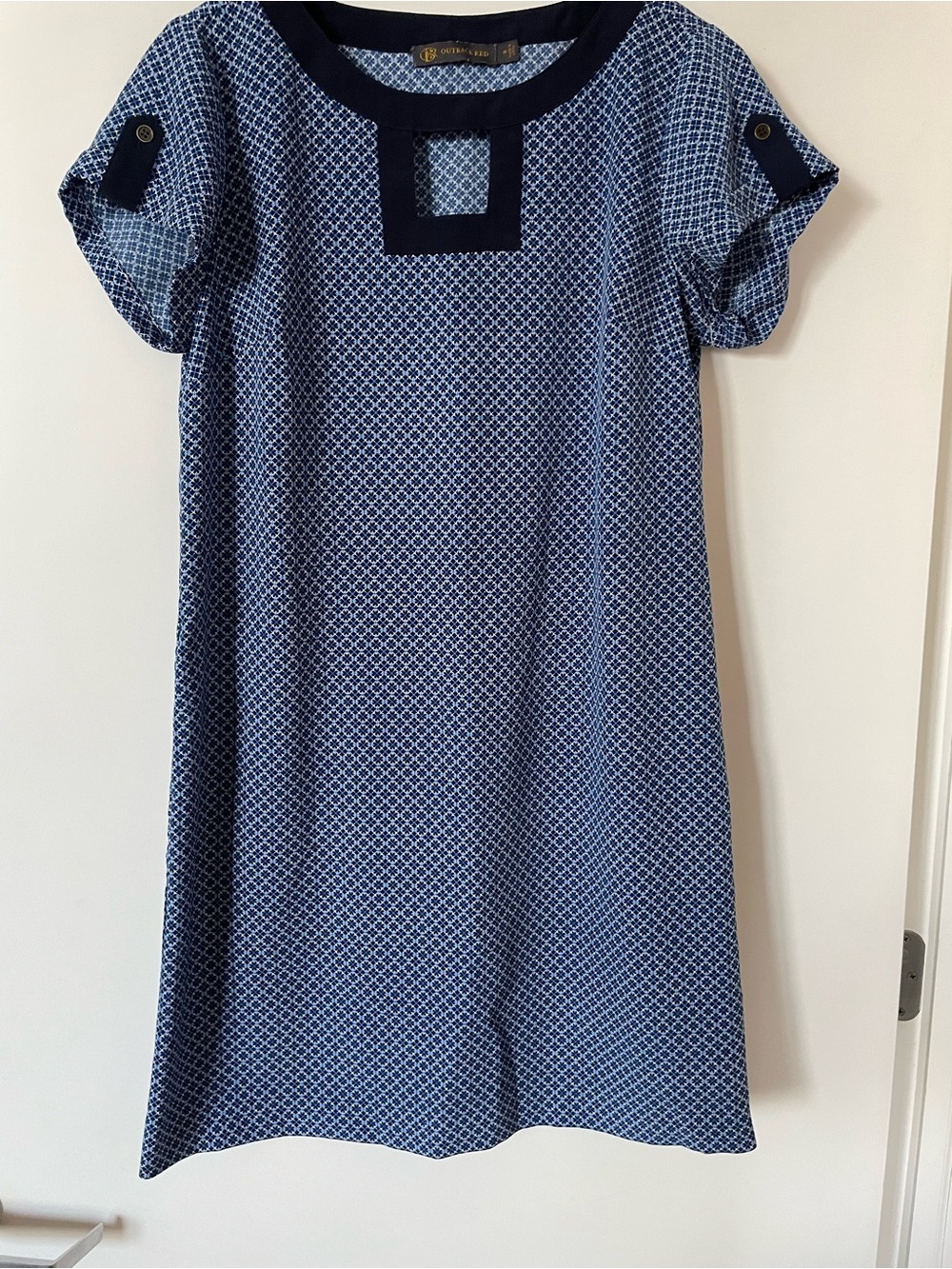 The Limited Blue Patterned Short Sleeve Dress with Navy Trim